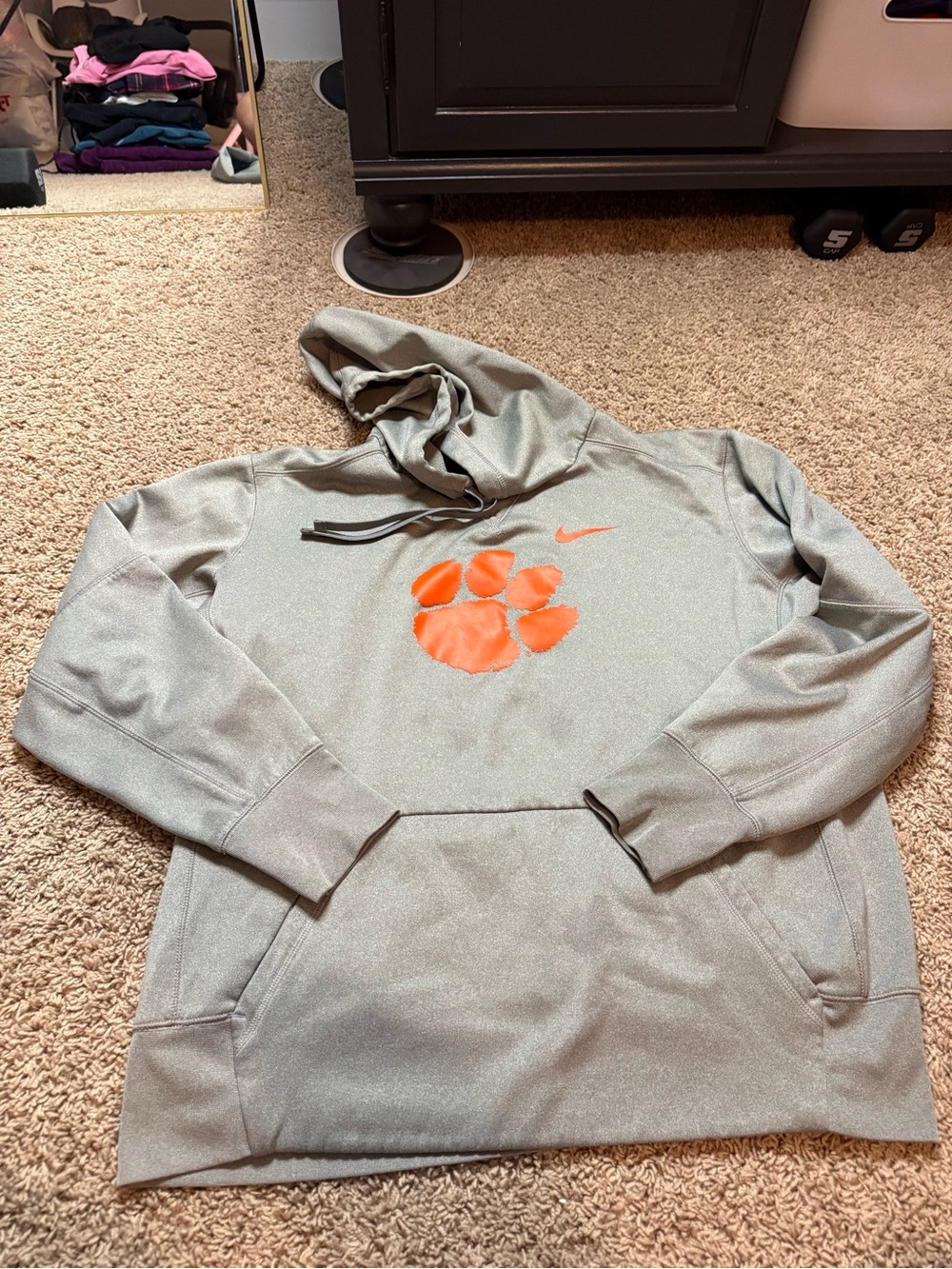 Nike Clemson Tigers Pullover Fleece Hoodie Sweatshirt Grey Orange (Large)